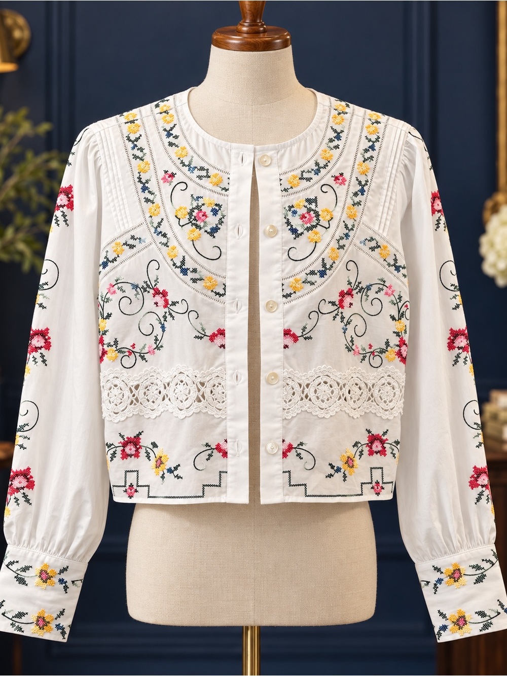 Love the Label Hallie top tea rose embroidery Floral  shirt needlepoint NWT $295